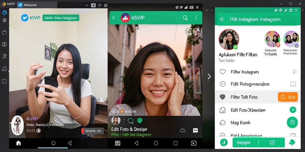 Tampilan antarmuka aplikasi 6SVIP dengan filter Instagram yang menarik.