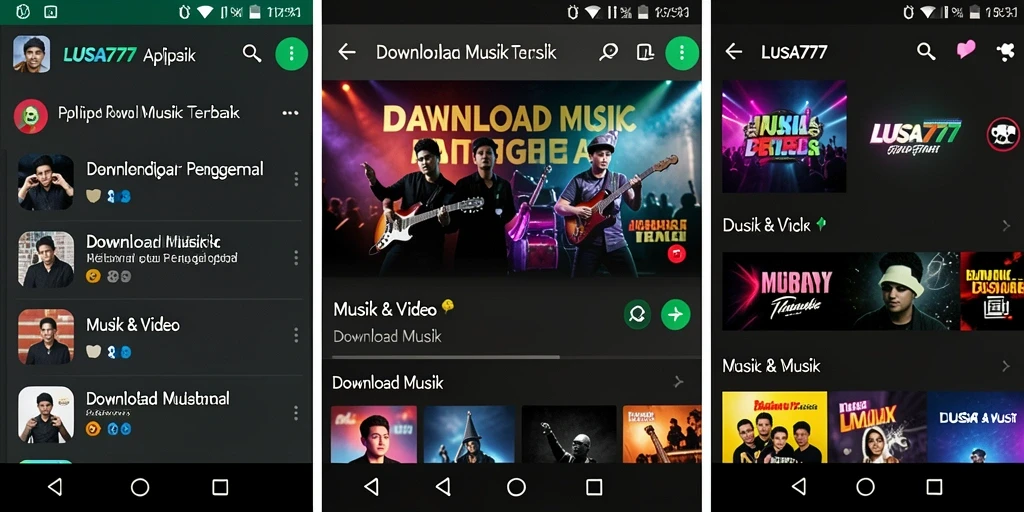 Tampilan antarmuka aplikasi LUSA777 untuk Download Musik.